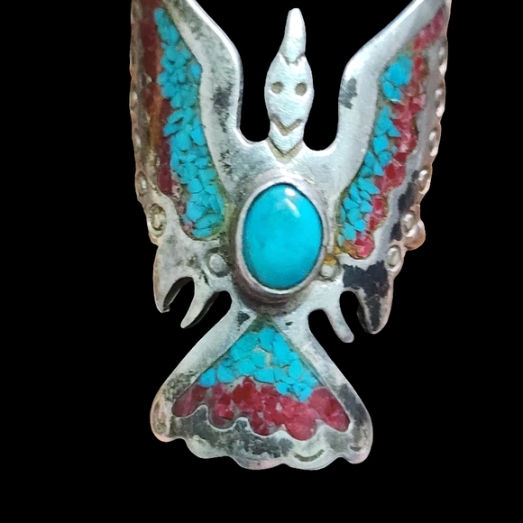 Sterling Silver Native American Turquoise and Coral Thunderbird Eagle Ring 7.75 - Picture 1 of 6